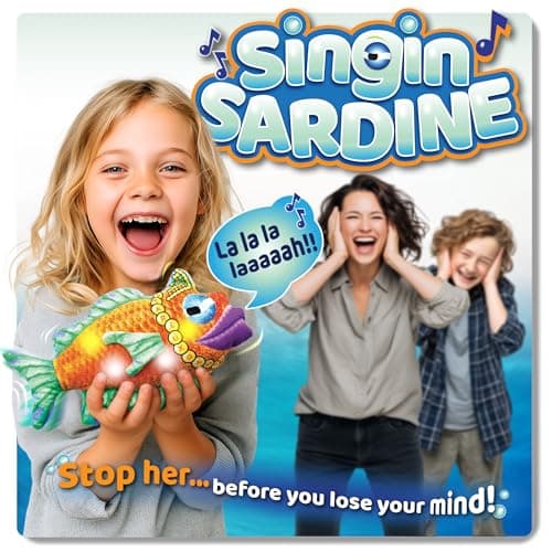 Singin' Sardine - A Plush Singing Fish | Ages 5+ | Light Up, Wriggling Stuffed Animal | Hot Potato Game | Hide and Seek Toy | Funny Novelty & Prank | Gag Gift for Kids | A Truly interactive Diva!