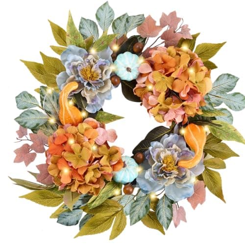 DecorbyHannah 18'' Fall Wreath for Front Door with Lights & Peony Hydrangea