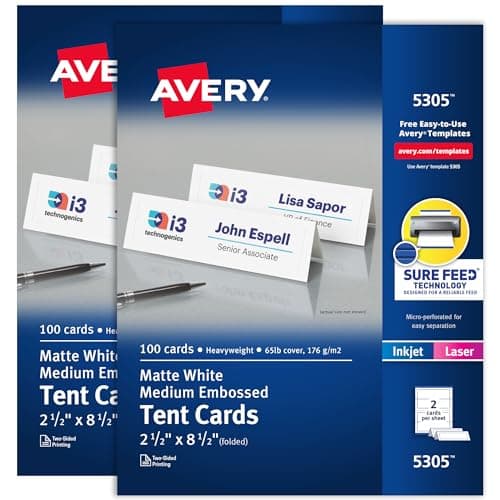 Avery Printable Tent Cards, Sure Feed Technology, 2.5" x 8.5", White with Embossed Border, 2-Pack, Total of 200 Blank Place Cards for Laser or Inkjet Printers (25305)