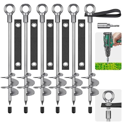 Insaga Heavy Duty Ground Anchors with Straps – 18'' Screw in Earth Anchor Kit, 6 Pack, 12mm Solid Carbon Steel Auger, Chrome Plated, for Trampoline, Shed, Swing Set, Mobile Home, Tree, Tent, Carport