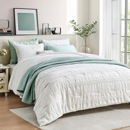 Wonderful White Comforter Set Queen, Clipped Jacquard Striped Cotton Lightweight Comforter with Pillow Shams, Fluffy Bedding Set for All Season