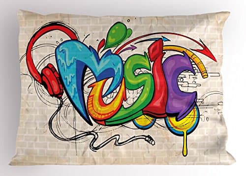 Ambesonne Music Pillow Sham, Illustration of Graffiti Style Lettering Headphones Hip Hop Theme on Beige Bricks, Decorative Standard Size Printed Pillowcase, 26" X 20", Tan Green