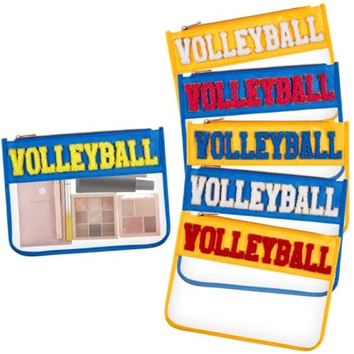 Aliceset 6 Pcs Volleyball Chenille Letter Preppy Patch Makeup Snack Bags, Gift for Women Waterproof PVC Cosmetic Organizer Storage, Flat Clear Portable Toiletry Zipper Pouch (Blue, Yellow)