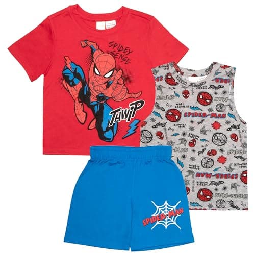 Marvel Spider-Man Boys 3-Piece Set - Short Sleeve T-Shirt, Tank Top, & Shorts 3-Pack Bundle Set for Kids and Toddlers (Size 7, Red/Grey/Blue)