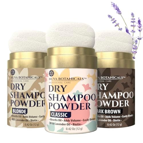 Nuva Botanicals Non Aerosol Dry Shampoo Powder with Biotin - Lavender Extract and Korean Ginseng - Volumizing Travel Dry Shampoo - Classic, Dark Brown and Blonde (0.42 oz, 3 Pack)
