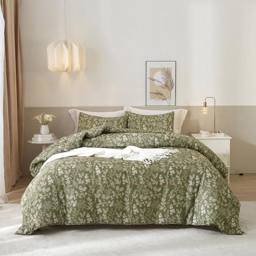 EAVD Fresh Botanical Floral Comforter Set Queen Dark Olive Green Soft Microfiber Chic Cute Garden Floral Bedding Comforter Set 1 Queen Comforter and 2 Pillowcases Botanical Comforter for All-Season