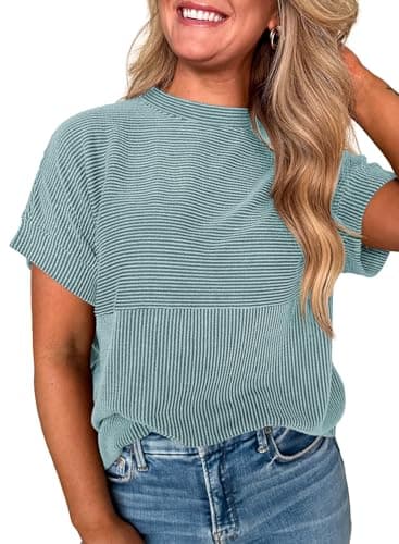 EVALESS Womens Tops Teacher Outfits Short Sleeve Ribbed Tshirt Haze Blue XL