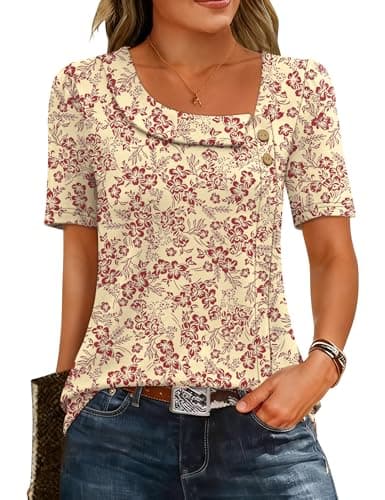 LUYAA Summer Tops for Women Fashion Clothing Dressy Casual Floral Print Short Sleeve Shirt Casual Loose Fit Button Blouses Red Floral XXL