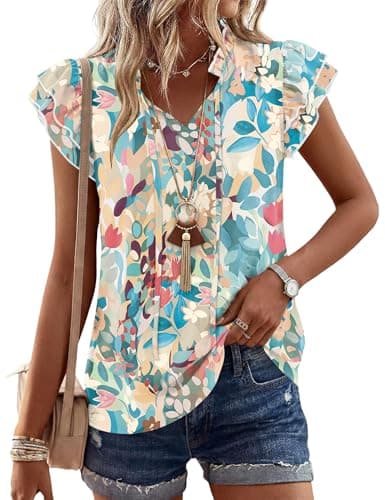 LOMON Women's Floral Summer Tops Dressy Casual Cap Short Sleeve V Neck Cute Flowy Boho Shirts Ladies Work Chiffon Blouses（Boho Multi-Color Print,S