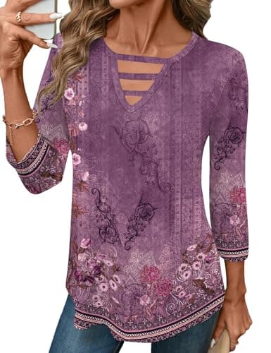 LOMON Womens Tops Dressy Casual Womens 3/4 Sleeve T Shirts Petite Crew Neck Hollow Out Tunic Tops Purple Flower M