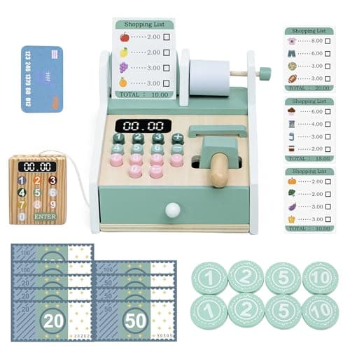 Wooden Cash Register for Kids-Pretend Play Money Counting Toy with Scanner,Kids Cashier Educational Grocery Store Toy Role Play Gift for Boys Girls