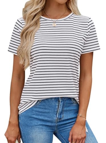 LilyCoco Women's Short Sleeve Striped Shirt Tops Crewneck T Shirt Basic Tees Black and White Large