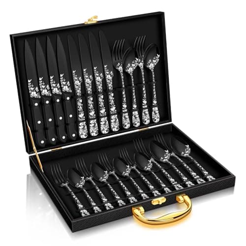 Stapava 24 Pcs Black Silverware Set with Gift Box, Stainless Steel Mirror Cutlery Flatware Set for 4, Include Forks Spoons and Knives Set, Dishwasher Safe Utensils for Home Restaurant Hotel