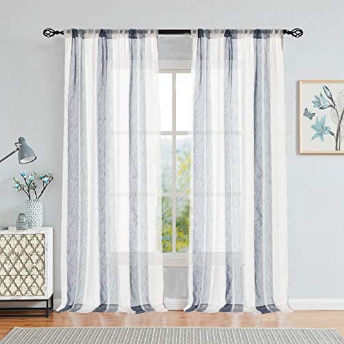 Central Park Navy and White Stripe Sheer Curtains Boucle Linen Farmhouse Rustic Window Curtain Panel Yarn Dyed Woven 95 Inches Long for Living Room Bedroom with Rod Pocket, 40" W x 95" L (Pack of 2)