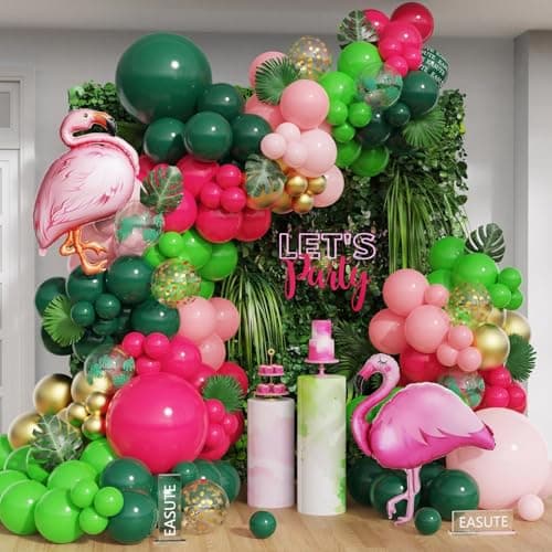 Flamingo Tropical Balloon Arch Kit for Luau & Pool Party Decorations - 143pcs Hawaiian Theme Pink Flamingo Balloons Garland Hot Pink Dark Green Aloha Summer Beach Birthday Supplies