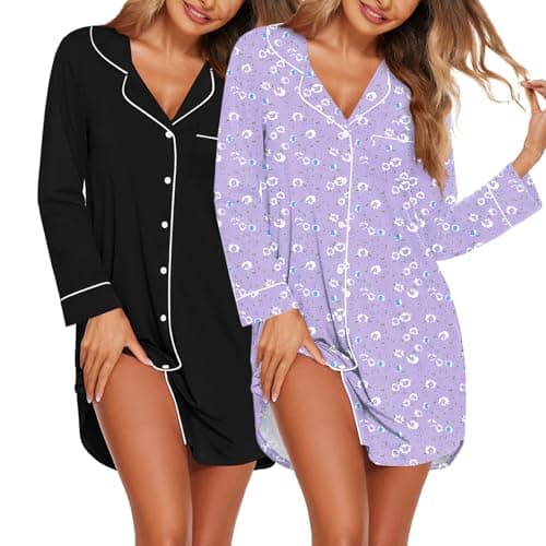 Ekouaer 2 Pack Nightgowns for Women Long Sleeve Button Down Sleep Shirt