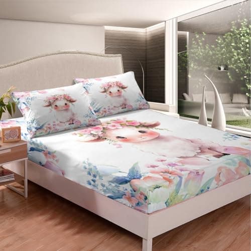 Feelyou Cute Sheep Fitted Sheet Twin Size Kids Cartoon Animal Bedding Set for Boys Girls Teens Flower Floral Print Bed Sheet Set Farm Zoo Garden Theme Bed Cover Deep Pocket Room Decor