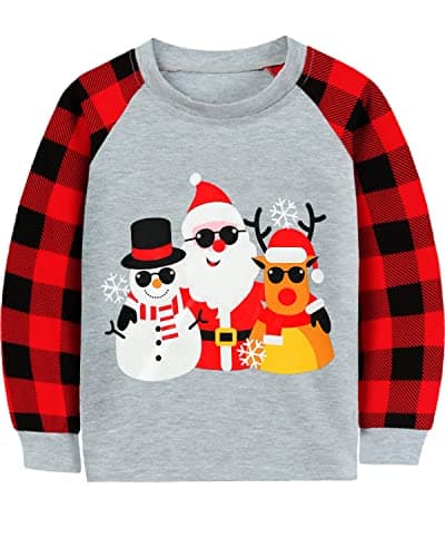 Christmas Shirt for Toddler Boy Girl Buffalo Red Plaid Tshirt Kids Ugly Xmas Clothes Sunglasses Santa Reindeer Snowman Raglan Sleeve Tee Tops 4T