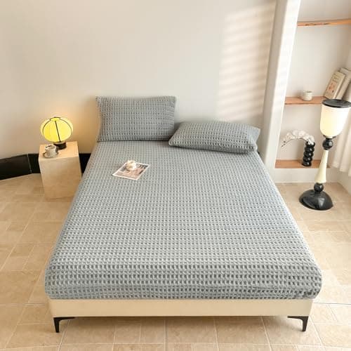 Waffle Weave Twin Fitted Sheet Deep Pocket 15" - Ultra Soft Textured Bed Sheet with Elastic All Around - Breathable Hotel Quality Bedding, Stone Grey
