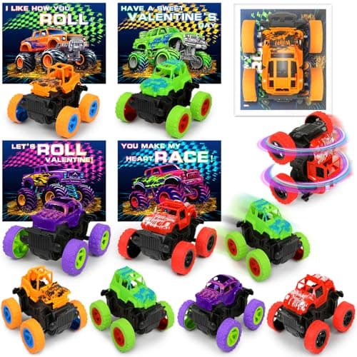 choopheme 24Pack Monster Truck Toys Valentines Day Cards Gifts for Kids Valentines Cards Inertia Stunt Car Valentines for Boy Toys Girl Classroom School Exchange Prizes For Girls Boys Students
