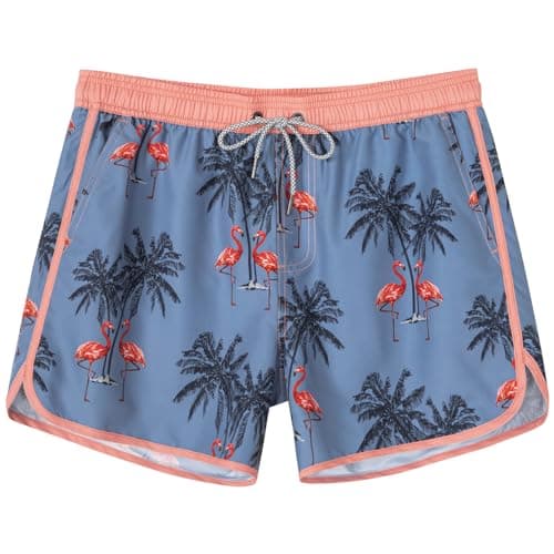 SURF CUZ Mens Swim Trunks 5" Swim Shorts Vintage Bathing Suits with Mesh Lining 80s 90s Retro Swimwear Board Shorts,Blue Flamingo Oasis,M