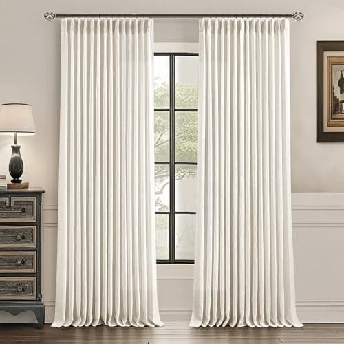 Uqocnh Pinch Pleated Linen Curtains White 90 inches Long Flax Farmhouse Semi Sheer Beige White Curtains for Living Room Bedroom Pleated Drapes Rod Pocket Back Tab Window Curtain Set, 2 Panels