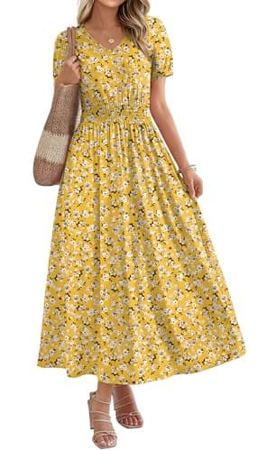 OFEEFAN Maxi Dresses for Women V Neck Ladies Midi Long Dress A Line Casual Summer Spring Clothes Boho Beach Yellow Floral L
