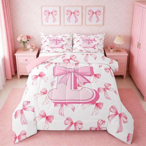 jejeloiu Kids Girls Cute Pink Bow Comforter Set Twin Size Personalized