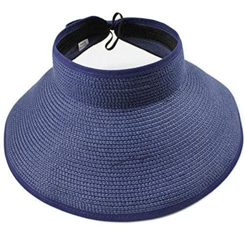 Beach Hats for Women, Packable Straw Sun Hat with Wide Brim and Ponytail for UV Protection and Summer Travel SM01 (Navy Blue)
