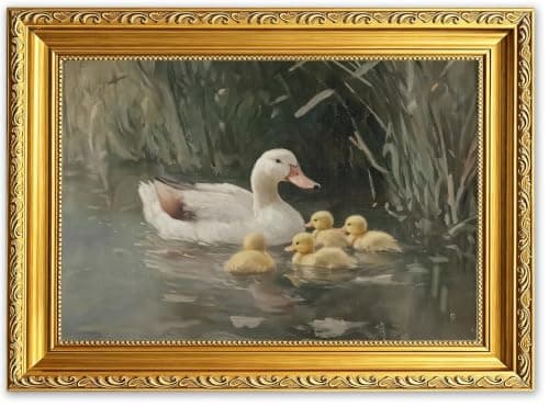 Vintage Gold Framed Duck Family Canvas Wall Art, Countryside Ducks in River Painting Picture Wall Decor, Farmhouse Natural Pond Poster Print Artwork for Nursery Bedroom Home Decoration 9x11in