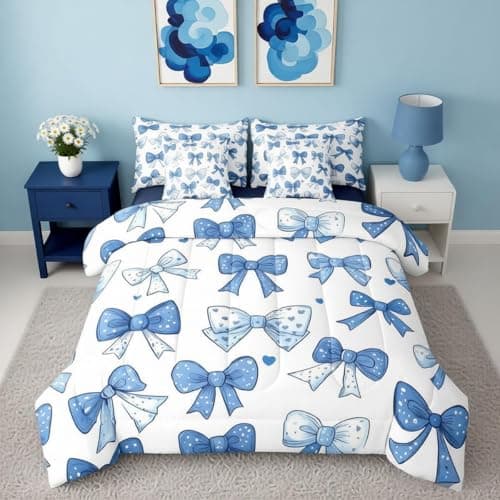 Feelyou Blue Bow Comforter Set with Sheets 7 Piece Queen Size Girls Bowknot Bedding Set for Kids Boys Girls Kawaii Bow Bed in a Bag Dreamy Princess Style Room Decor Cute Soft Lightweight
