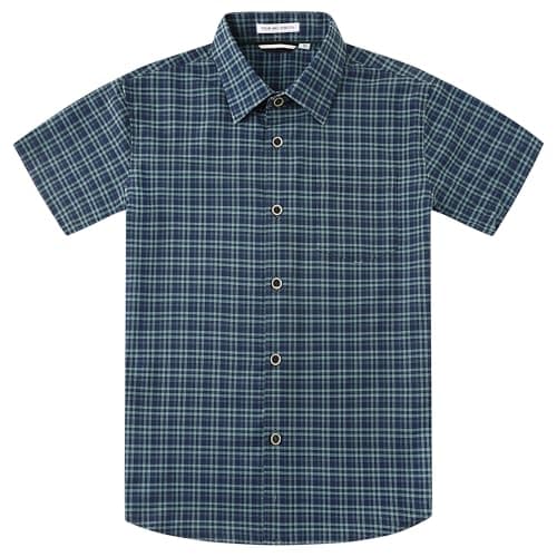 WARHORSEE Boys Casual Button Down Shirts Short Sleeve Wrinkle Free 4-Way Stretch Dress Shirs Plaid Shirts for Kids 6-15 Years,Navygreen,8