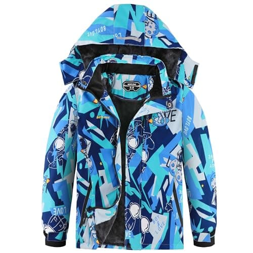 Boy's Ski Jackets Waterproof Winter Coat Fleece Windproof Snowboarding Jacket with Detachable Hood (10-12, Astronaut Green)