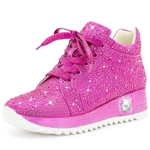 FINDVELL Women's Fashion Glitter Sneakers Platform Wedge Shoes Sparkly Rhinestone High Top Sneakers Trendy Sequin Shoes Wedding Bride Dress Size 6 Pink