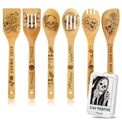 6 Pcs Skull Engraved Bamboo Cooking Utensils Set, Halloween Gifts for Friends, Cool Cooking Spoons Set Gift for Women Men, Birthdays Housewarming Gifts