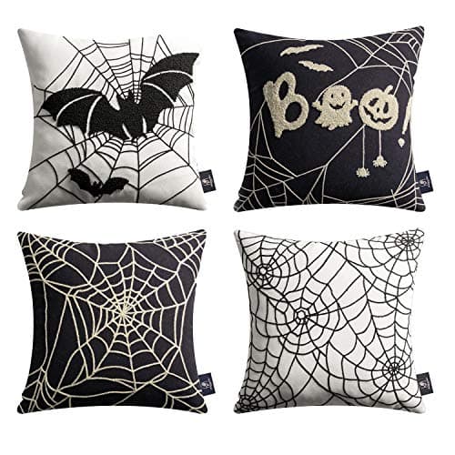 Phantoscope Set of 4 Happy Halloween Decorative Throw Pillow Covers, Handcrafted Embroidery Spider Web Black Bats and Cute Ghost Pillowcase Cushion Cover, Black and White, 18 x 18 inch, 45 x 45 cm