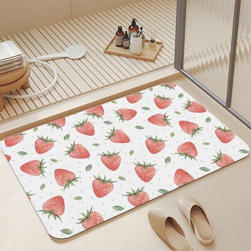 GYYGOO Diatomaceous Bathroom Rugs,Pink Strawberry Bathroom Decor,Sweet Fruits Non Slip Bath Mat,Quick Dry Easy to Clean Care Shower Rug for Home Dorm Low Profile Floor Mat 17 X 29.5 Inch