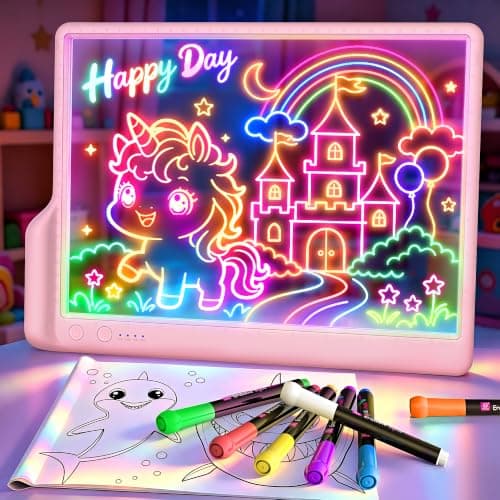 A4 Rechargeable LED Drawing Board, 9-Color Light Modes with Built-in Stand, Neon Art Dry Erase Glow Up Doodle Note Pad, Sketching Gift Toy for Kids/Girls/Teens, 7 Markers & Tracing Book-BabyPink