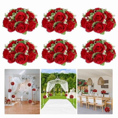 RIDDSEE 6-Pack Red Artificial Flower Balls Wedding Centerpieces for Tables