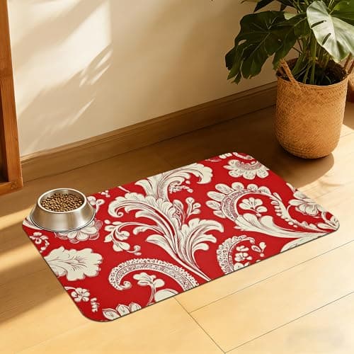 Red White Paisley Pet Food Mat, Absorbent Feeding Pad for Dogs and Cats, Waterproof Anti-Slip Base – 12x20 Inch