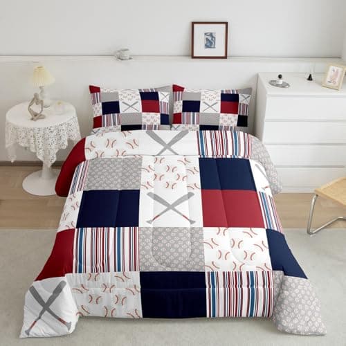 Feelyou Baseball Comforter Set King Size Sports Game Comforter Baseball Gaming Bedding Set Gift for Baseball Lover Duvet Set Room Decor White Navy Quilt Set