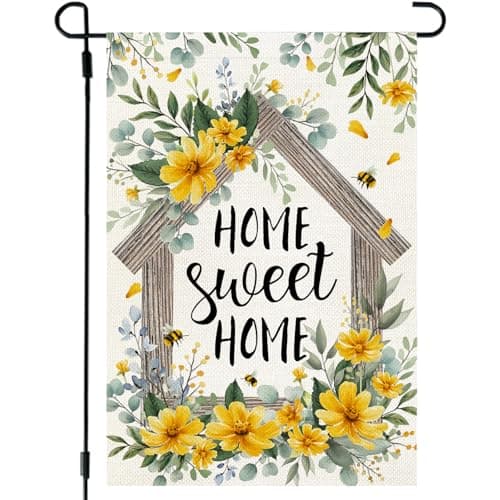 CROWNED BEAUTY Spring Home Sweet Home Garden Flag Eucalyptus Yellow Wildflowers Welcome 12x18 Inch Double Sided Small Floral Seasonal Holiday Decoration for Outdoor Lawn Yard
