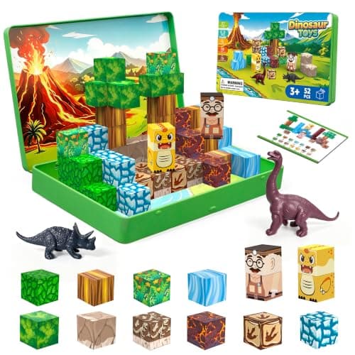 Mini Magnetic Blocks Travel Set with Magnetic Case-52 PCS Magnet Building Cubes Dinosaur Toys for Kids 3-5, Toddler Travel Toys Airplane Essentials, STEM Montessori Toys Christmas Stocking Stuffers