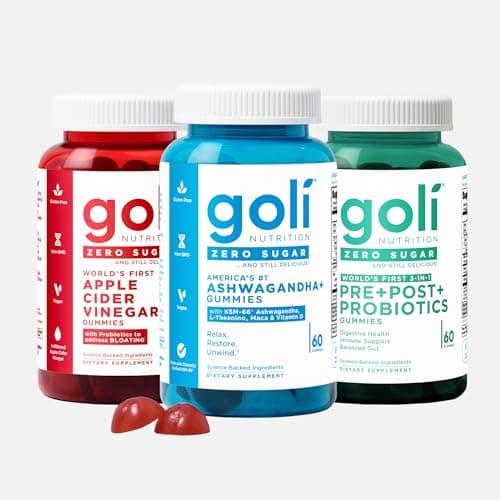 Goli Zero Sugar Trio - World's First 3-in-1 Pre, Post, Probiotic, Apple Cider Vinegar with Vitamin B12 and Probiotics, Ashwagandha & L-Theanine, Vitamin D Gummies, 90 Count (3-Bottle Set)