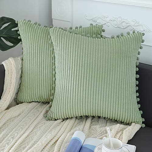 sykting Sage Green Striped Corduroy Throw Pillow Covers 18x18 Pack of 2