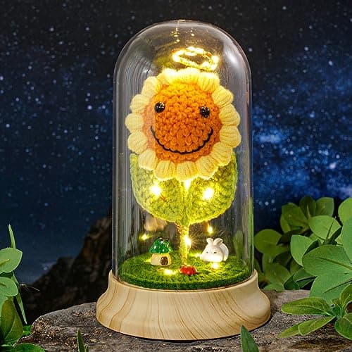 Levvohd Crochet Sunflower Gifts for Women, Sun Flower Birthday Gifts for Grandma, in Plastic Dome Sunflower, for Her Mom Mothers Day Christmas Day Gifts (A - Sunflower 4.3 in X 7.5 in)