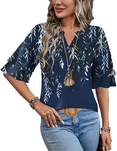 LOMON V Neck 3/4 Sleeve Blouses for Women Dressy Causal Bell Sleeve T Shirts Summer Business Office Tunic Tops Loose Fit S
