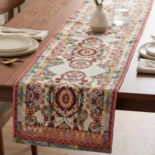 Tache Rococo Elegant Ornate Ivory Colorful Paisley Dining Cotton Linen Tapestry Woven Table Runner 13x54