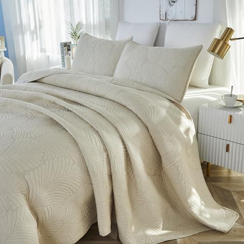 Brandream Beige Palm Stitch Quilt Set 100% Cotton King Size Luxury Embroidered Palm Leaf Bedding Premium Summer Tropical Quilt Set 3-Piece