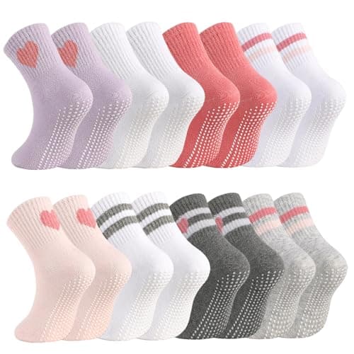 soxitoevy Toddler Girls Boys Socks with Grips 3t-5t Baby Non Slip Socks Stripe Heart Crew Ankle Cotton Sock